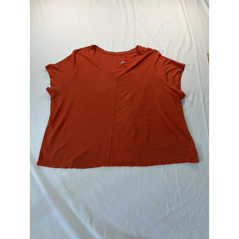 Sigrid Olsen Linen Top Womens 3X Burnt Orange V-Neck Short Sleeve Tee 0023
